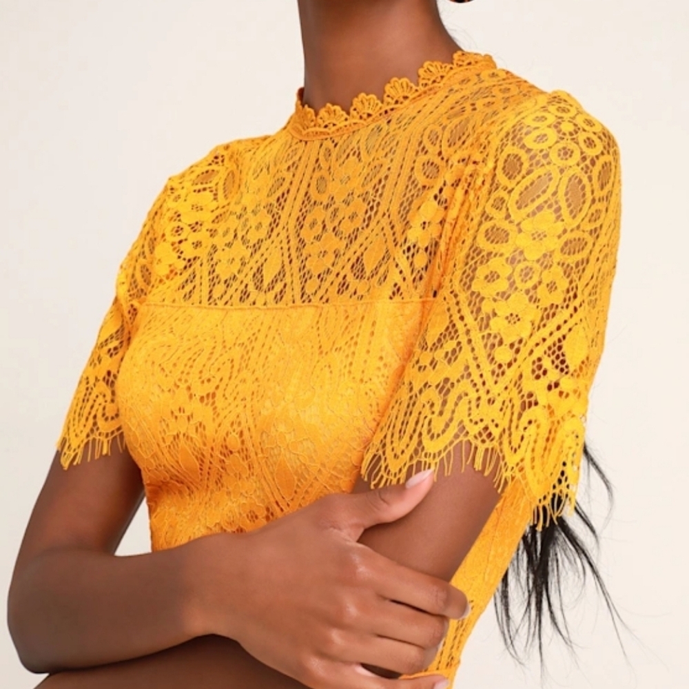 Lulus Remarkable Bright Goldenrod Lace Dress - Size M - Picture 2 of 5